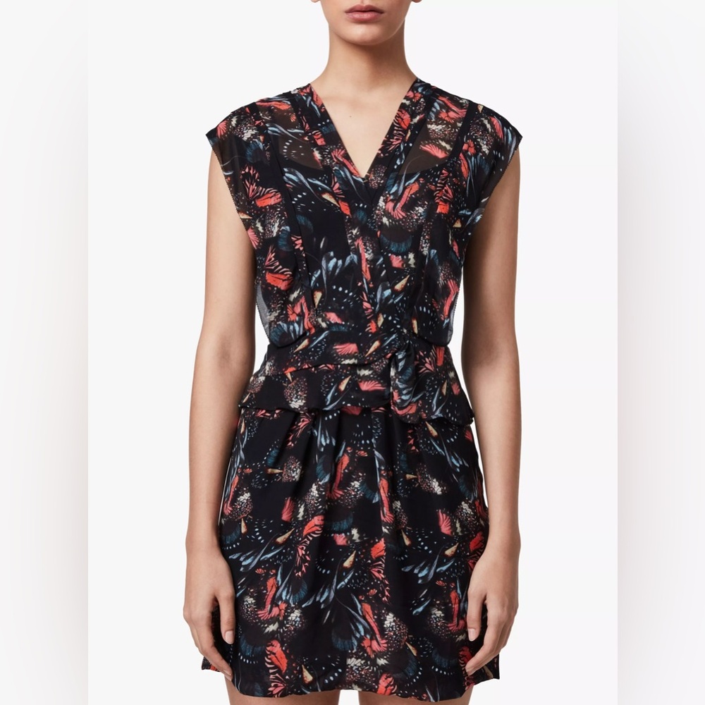 AllSaints Black Mini Dress with Coral and Blue Print